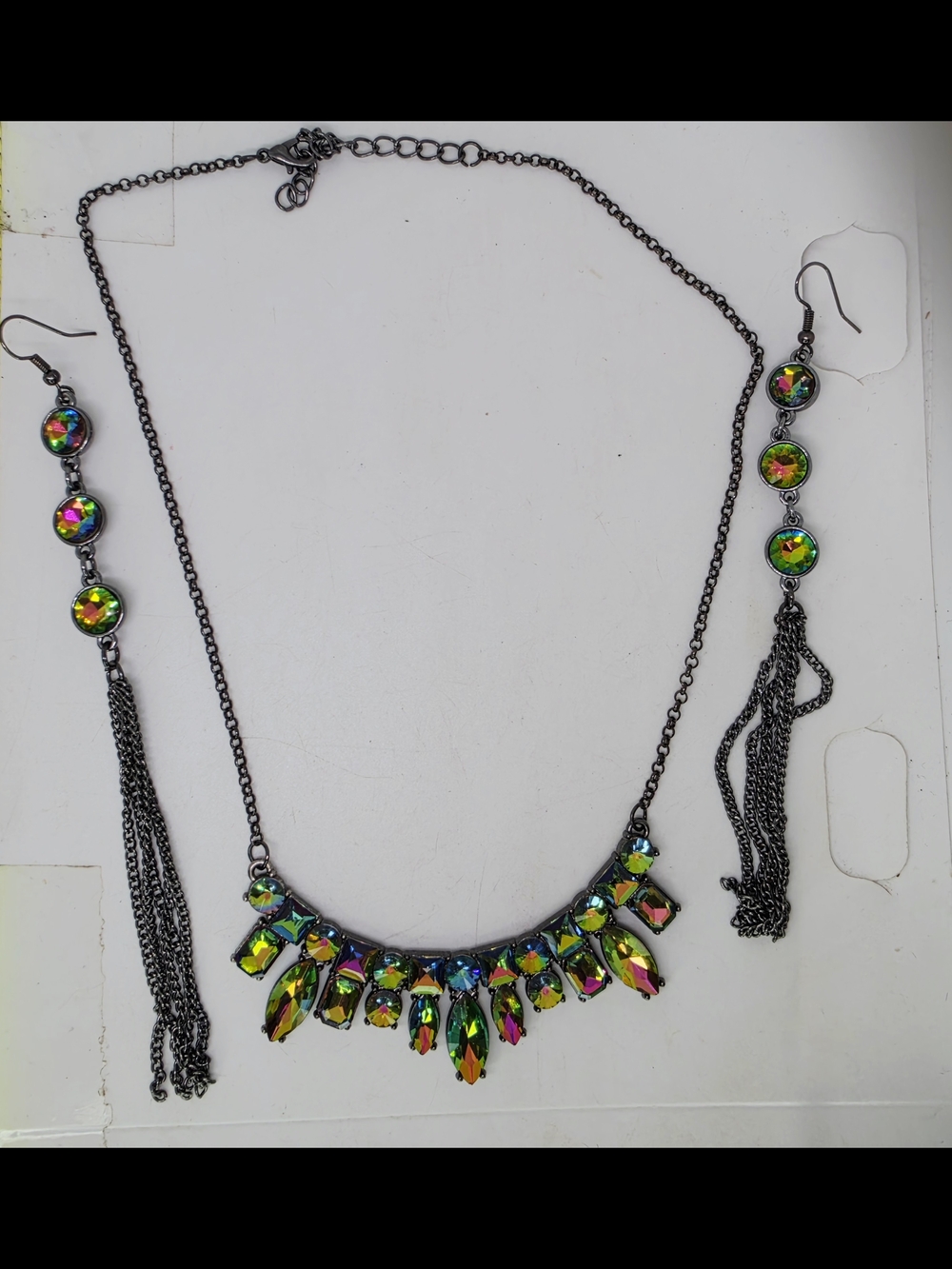 Watermelon Rhinestone Bib Necklace & Dangle Earrings Set Rainbow Gunmetal Fairy